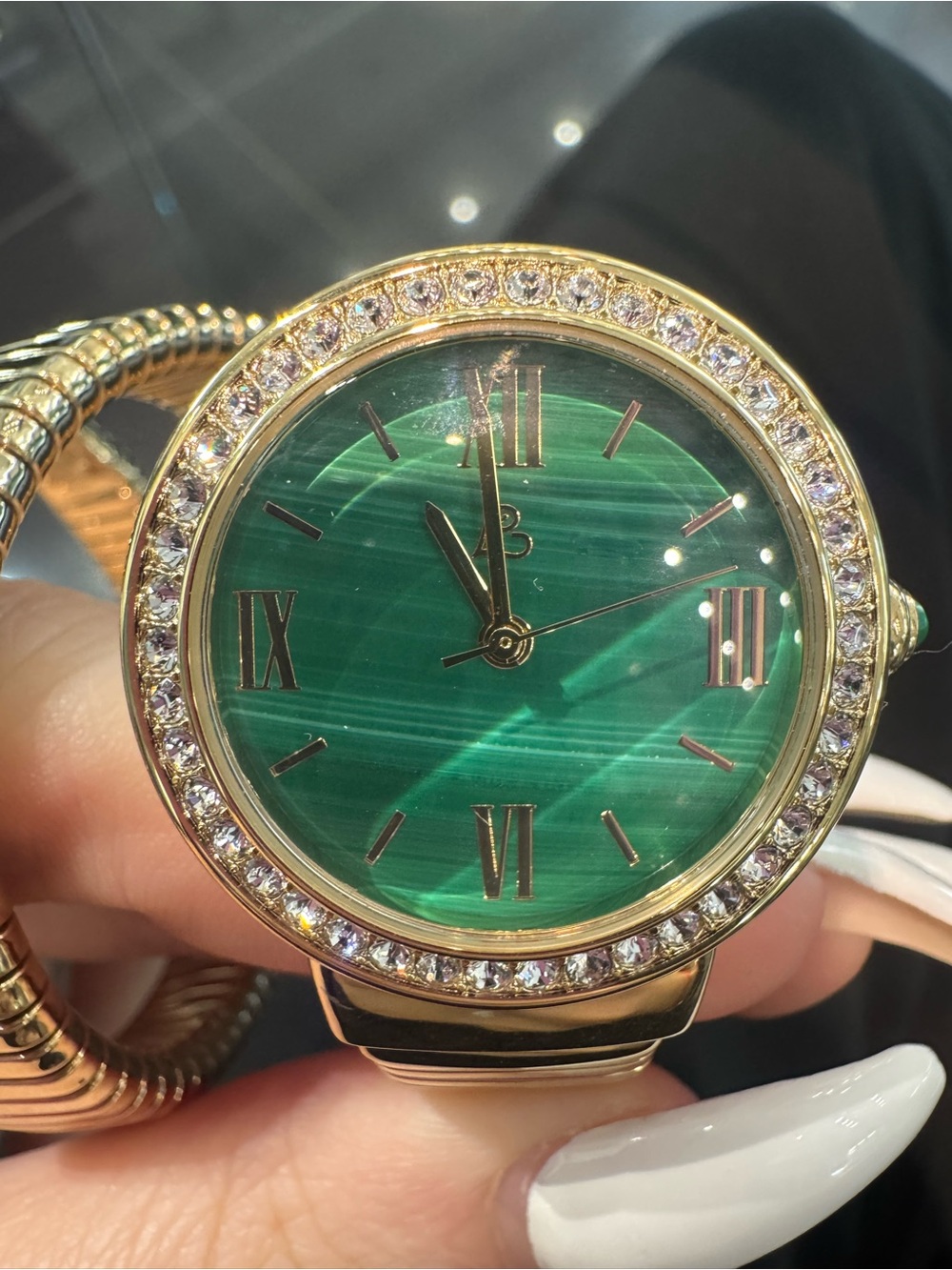 NEW Colleen Lopez gold-tone crystal bezel tubogas coil watch w/ green malachite